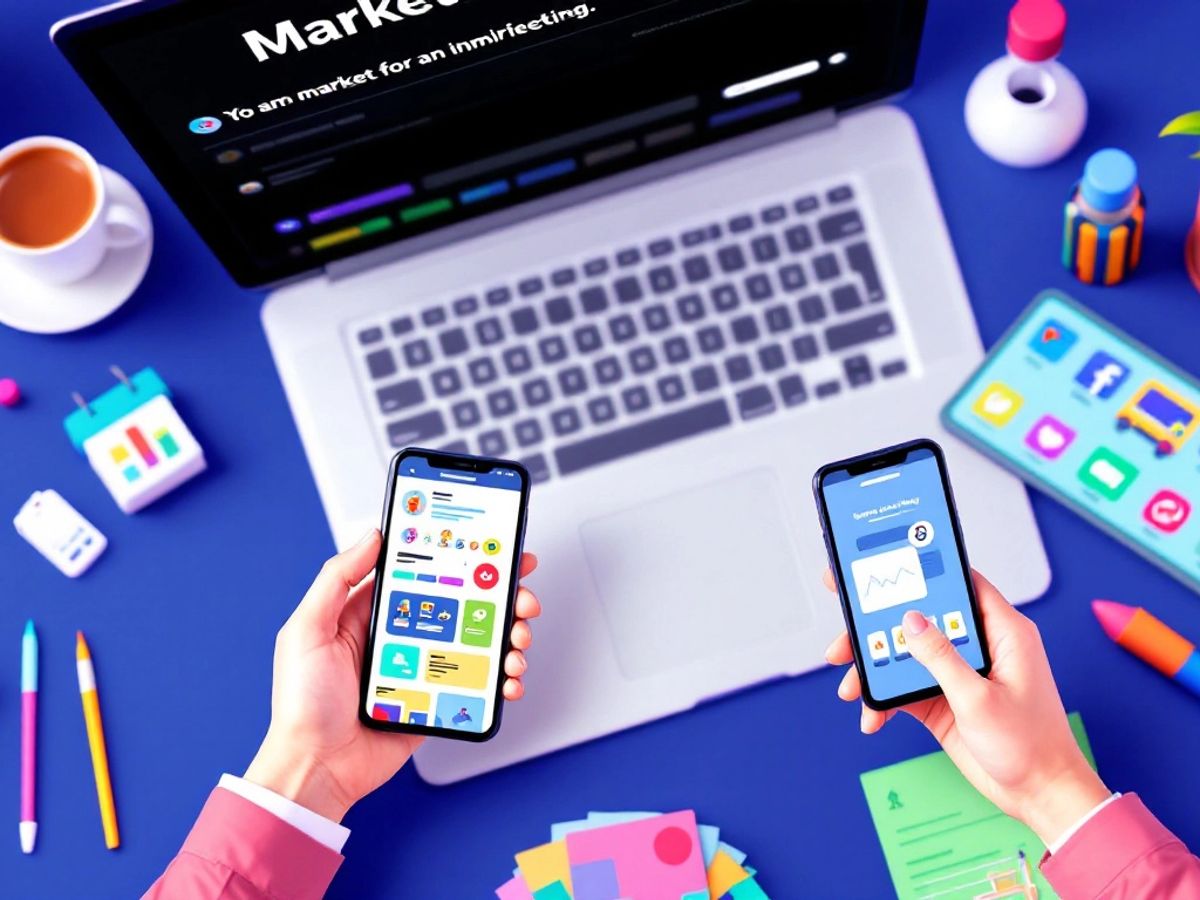 Spațiu de lucru digital cu dispozitive și papetărie colorată.