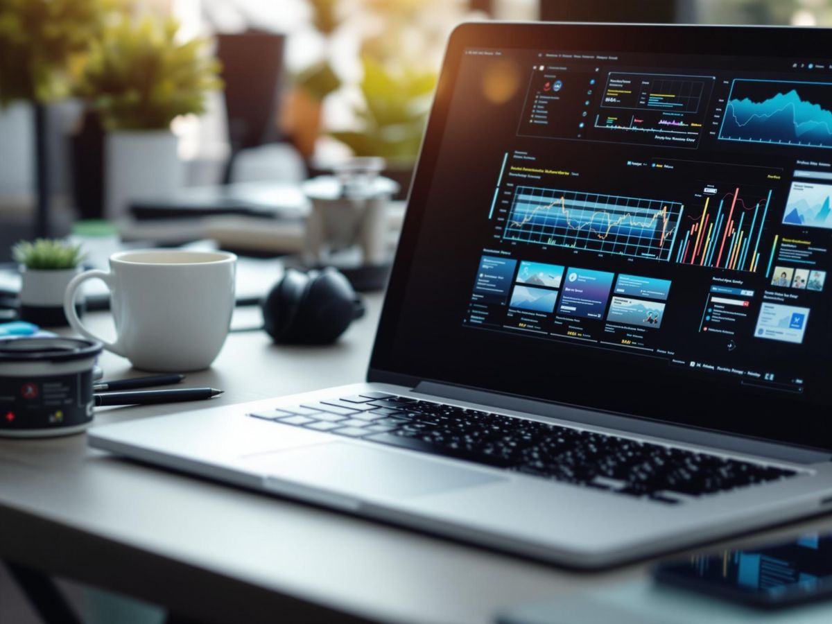 Laptop pe birou cu gadgeturi moderne si cafea.