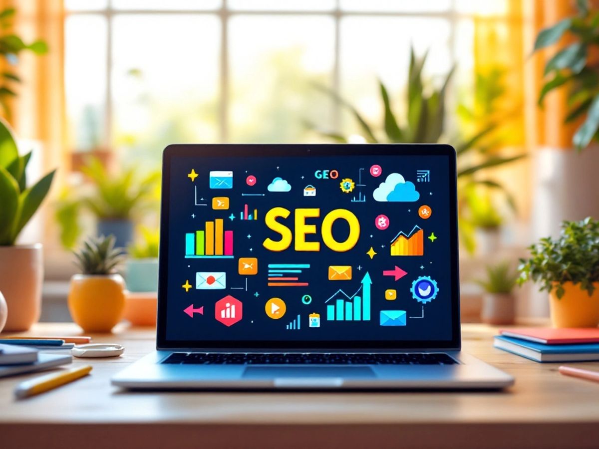 Laptop cu simboluri SEO într-un birou luminos.