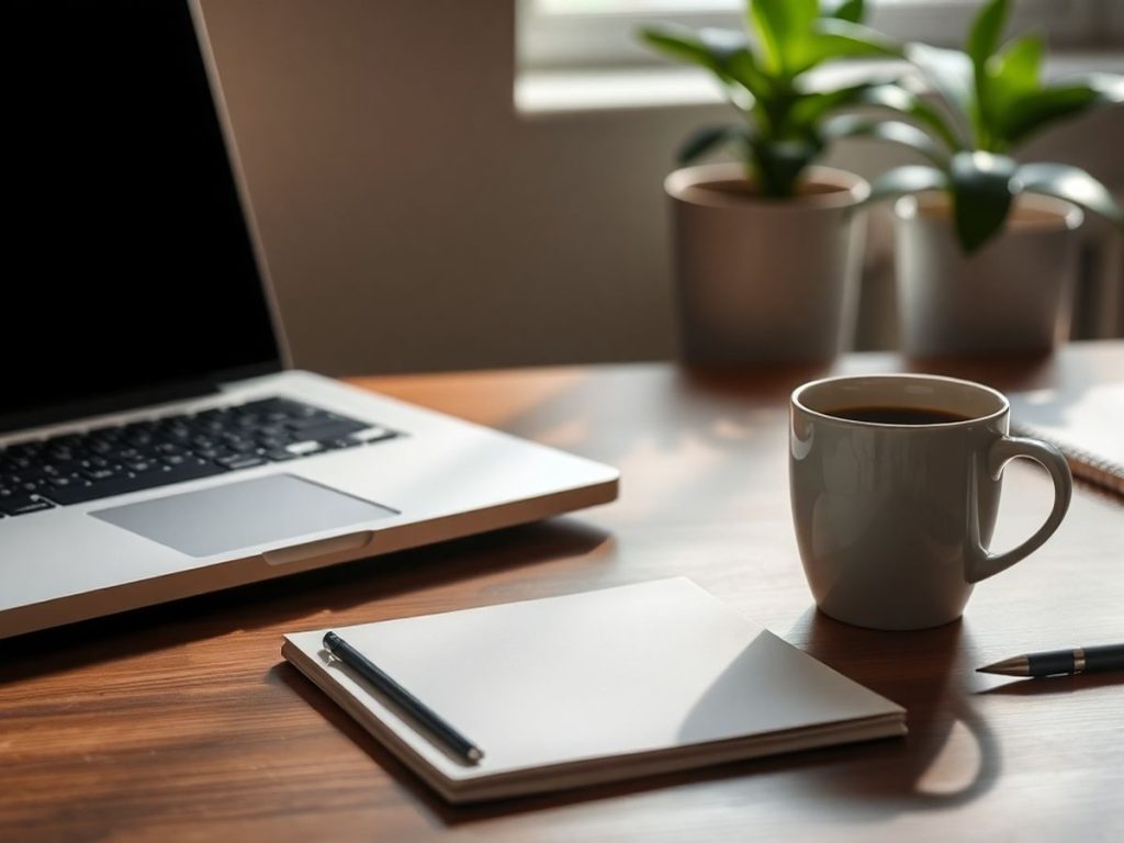 Birou profesional cu laptop și cană de cafea.