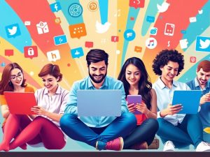 Oameni folosind laptopuri și smartphone-uri pentru promovare online.