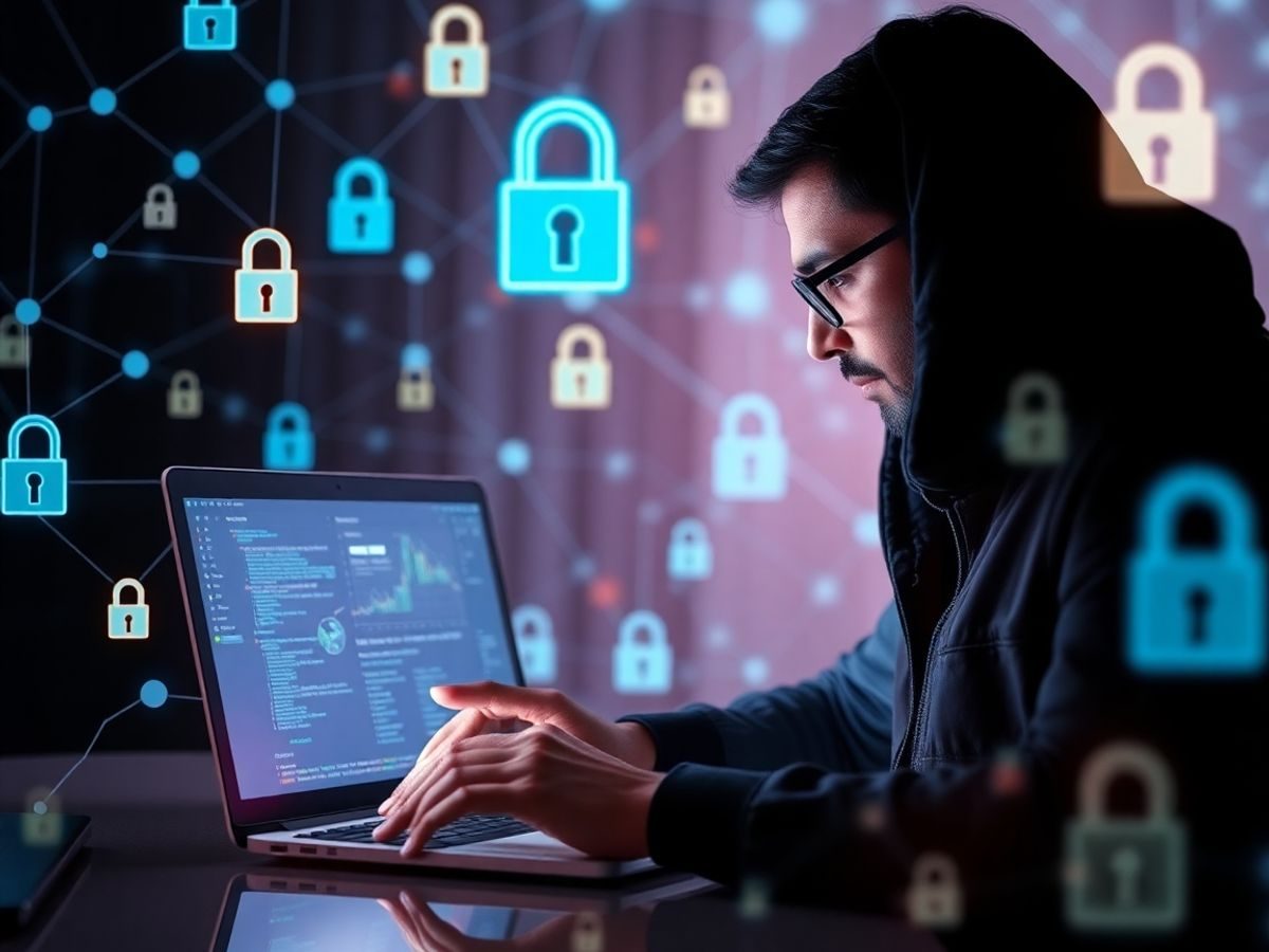 Profesional în securitate cibernetică analizând date pe laptop.