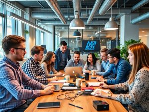 Antreprenori români discuții inovatoare într-un birou modern.