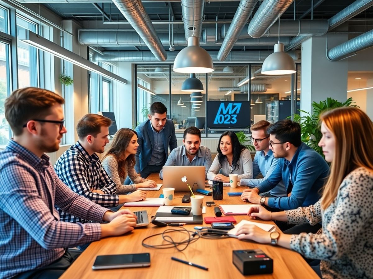 Antreprenori români discuții inovatoare într-un birou modern.