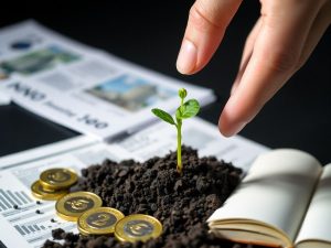 Mână plantând răsad, euro monede, cărți