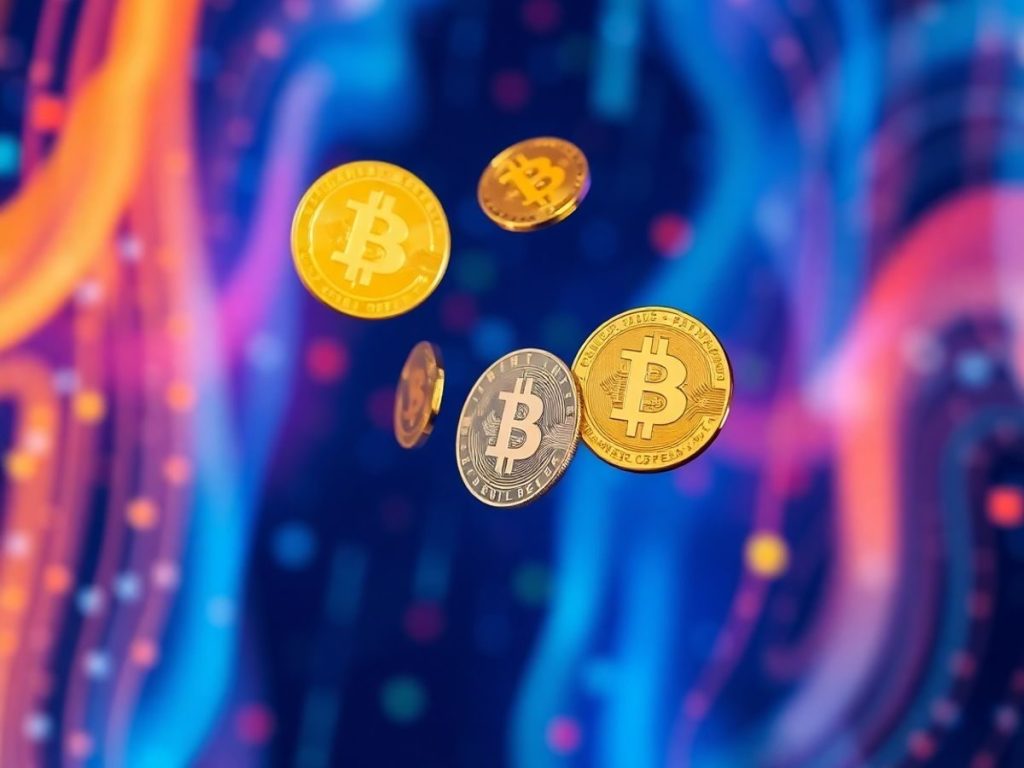 Monede digitale plutind în spațiul cibernetic.