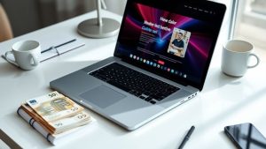 Laptop elegant și bani pe biroul unui antreprenor online