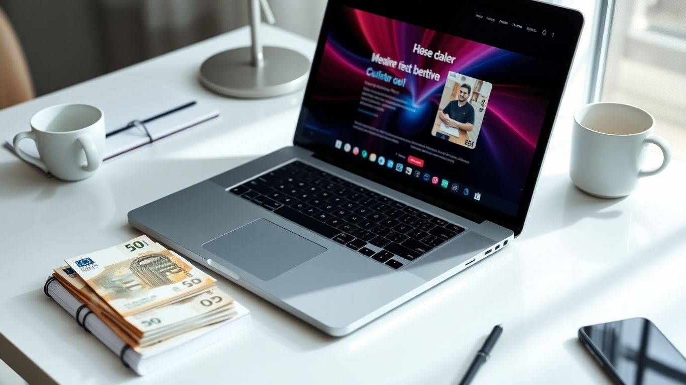 Laptop elegant și bani pe biroul unui antreprenor online