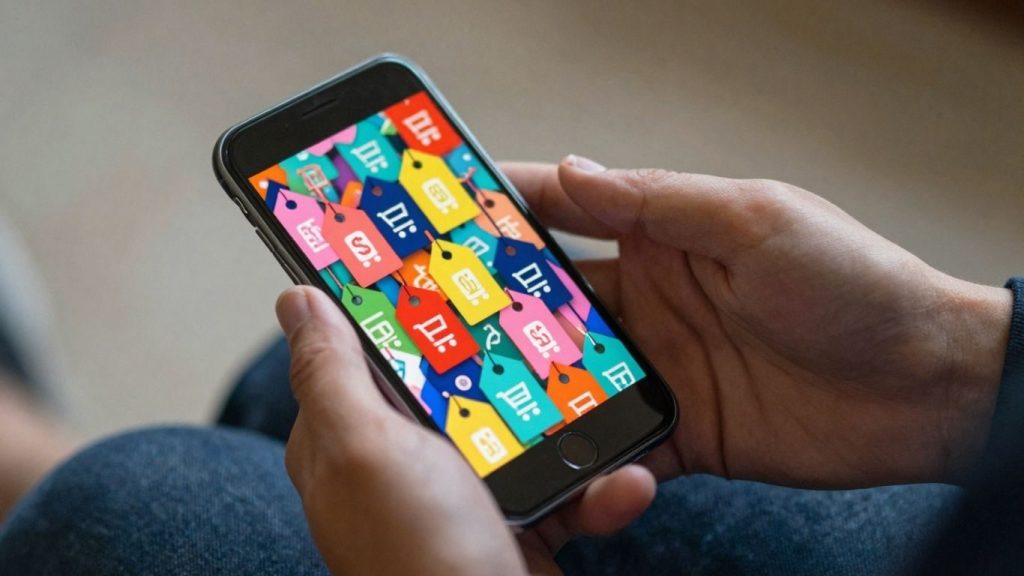 Mâini cu telefon, prețuri online și coșuri de cumpărături.