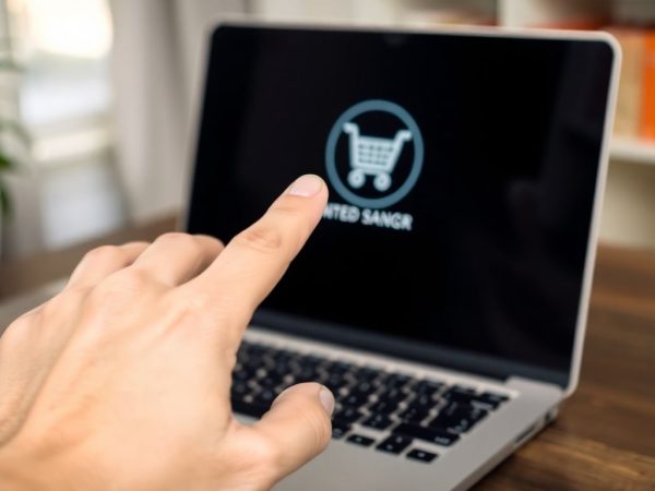 Coș de cumpărături abandonat pe ecranul laptopului.