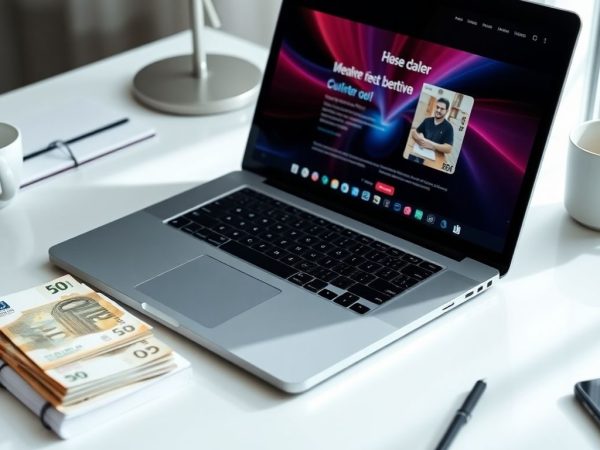 Laptop elegant și bani pe biroul unui antreprenor online